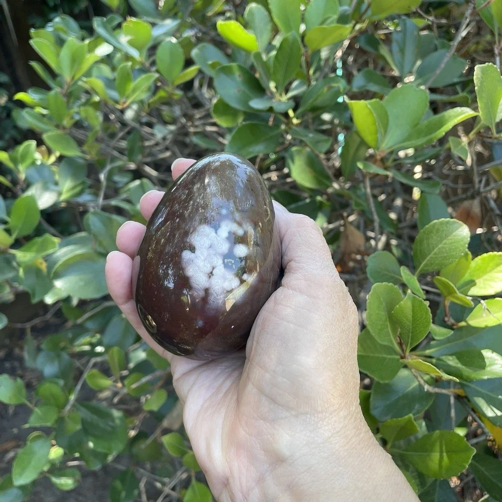 Flower Agate Polished Egg‎ Madagascar 418 grams brown with white blooms natural